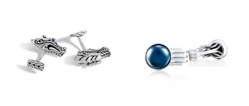 A pair of dragon head motif cufflinks next to a pair of blue gemstone cufflinks