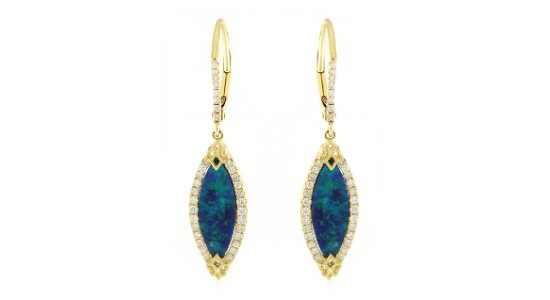 A pair of gold drop earrings featuring marquise cut blue opals and diamond accents