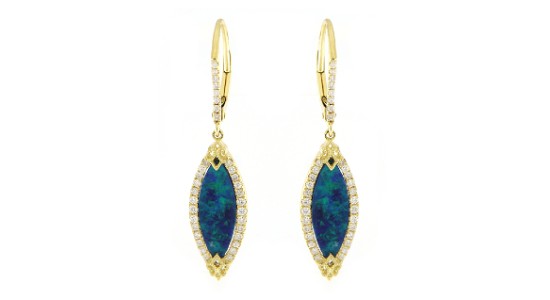 A pair of gold drop earrings featuring marquise cut blue opals and diamond accents