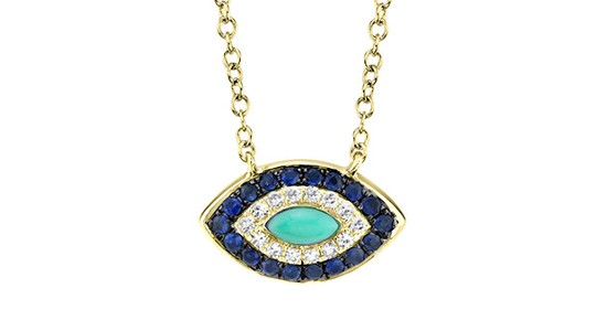 A gold, eye-shaped pendant necklace featuring turquoise, diamonds, and sapphires