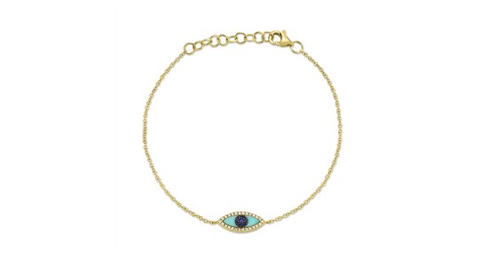 A gold chain bracelet featuring an evil eye pendant filled with turquoise and sapphire