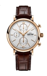 An IWC watch features a rose gold case