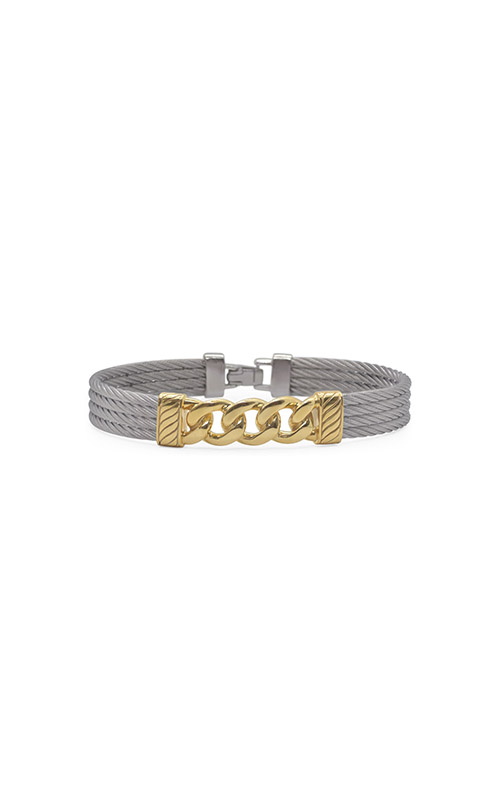 A stainless steel bracelet with gold plated chain element