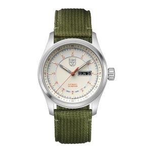 A army green nylon watch band on a Luminox Land watch.