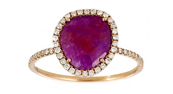 a yellow gold fashion ring with a purple gemstone and diamond accents