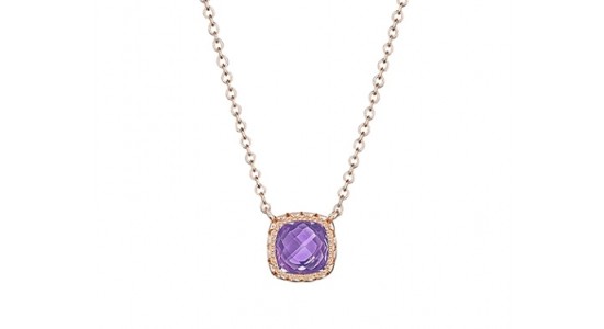 a rose gold pendant necklace featuring a princess cut amethyst