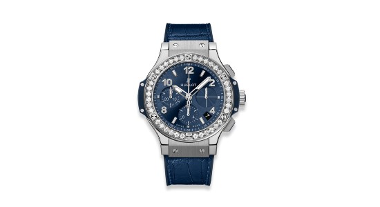 A blue and silver and diamond watch by Hublot, available at Deutsch & Deutsch.