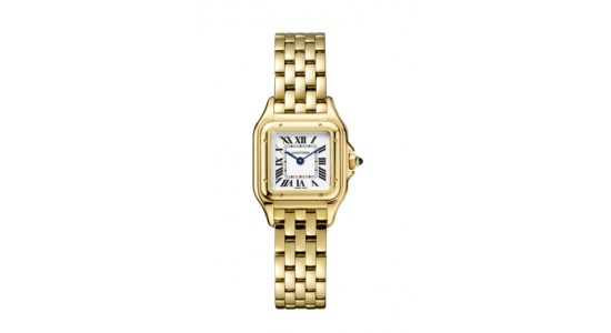 a yellow gold Cartier watch with a square dial