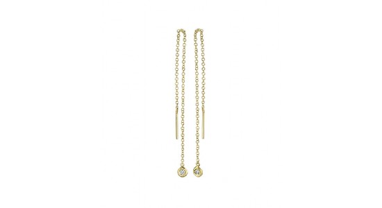 a pair of yellow gold threader earrings with a single diamond bezel set at the end of each chain