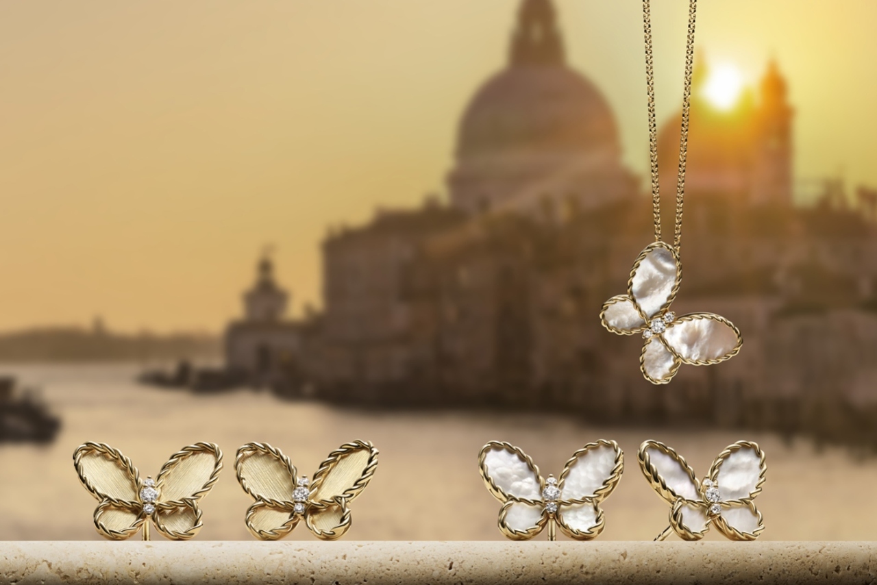 Butterfly earring and necklace designs by Roberto Coin.